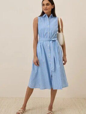 PACT organic cotton lightweight sleeveless shirt dress in blue bondi stripe (XS)